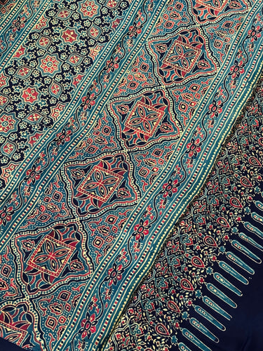 Ajrakh hand block printed modal silk saree | Dark Green | Ships from California